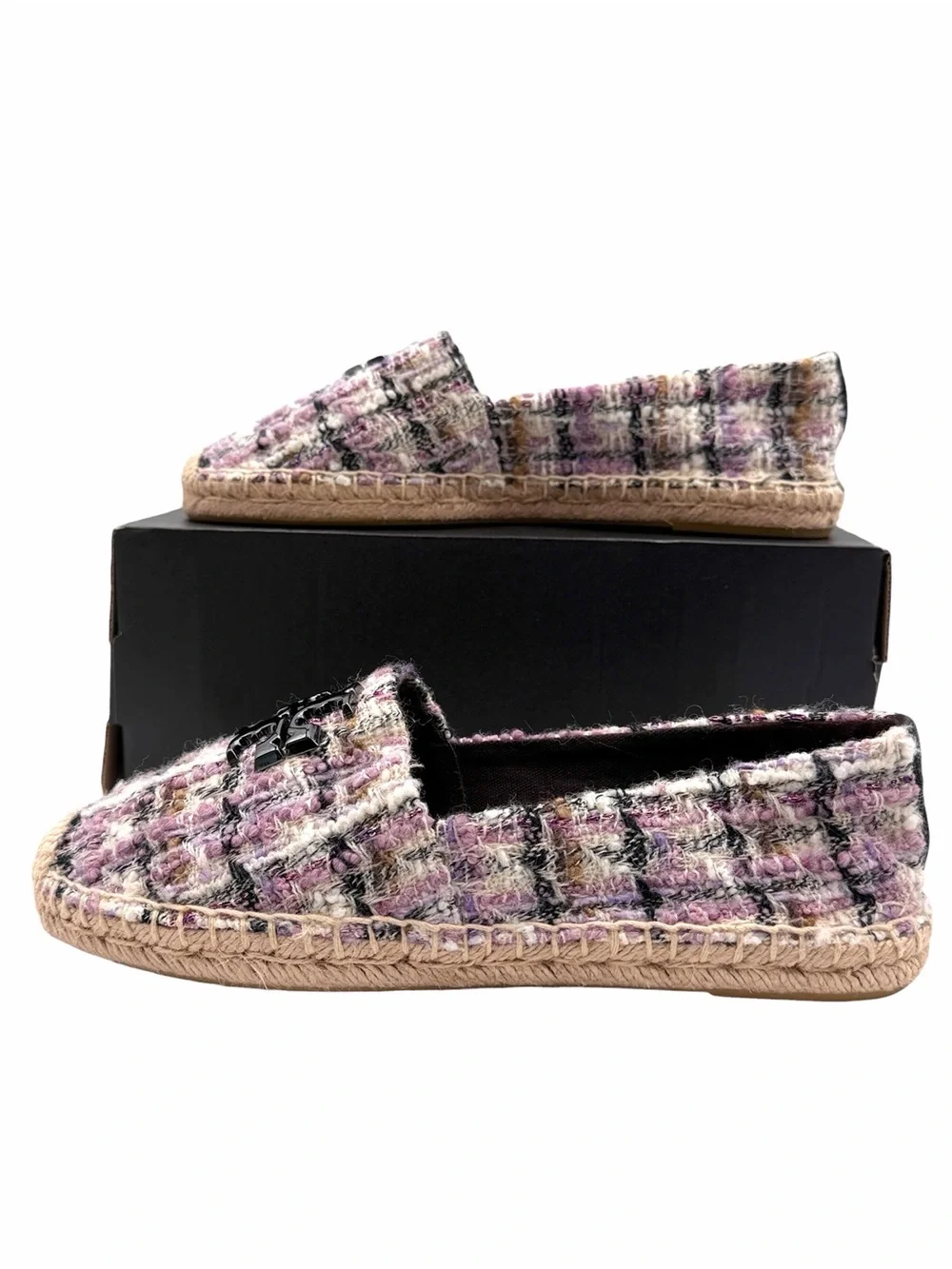 Tory Burch Everly Tweed Espadrille Slip-On Flats Double T Logo Size 8